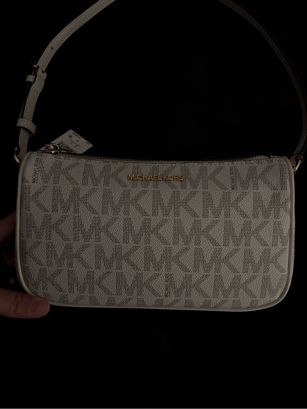 Michael Kors Beige/White MK Signature Shoulder Bag with Gold Hardware